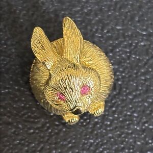 Vintage Gold Crown Stamped Bunny Rabbit With Pink Rhinestone Eyes Pin / Lapel